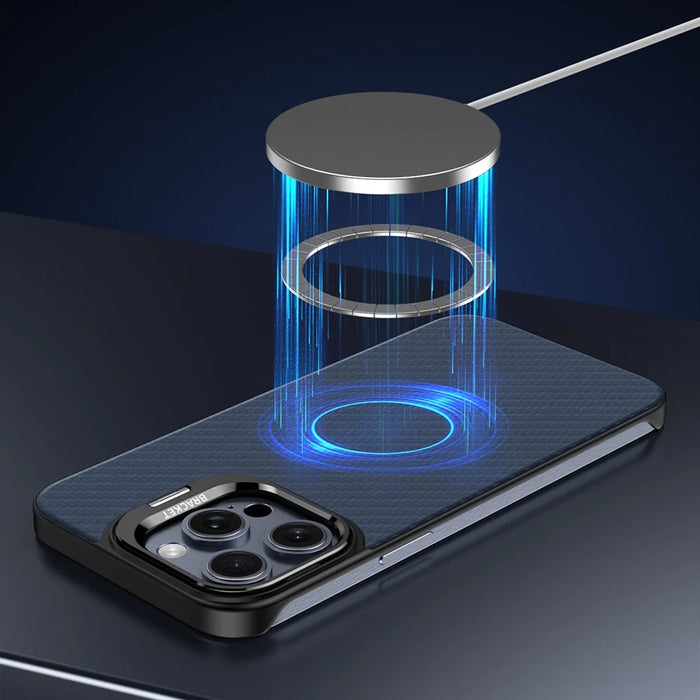 For iPhone 15 Pro Magnetic Case Lens Frame Kickstand Genuine Cow Leather + PC Borderless Phone Cover - Blue - 4