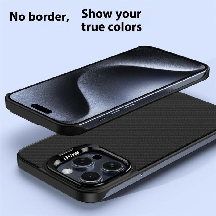 For iPhone 15 Pro Magnetic Case Lens Frame Kickstand Genuine Cow Leather + PC Borderless Phone Cover - Blue - 6