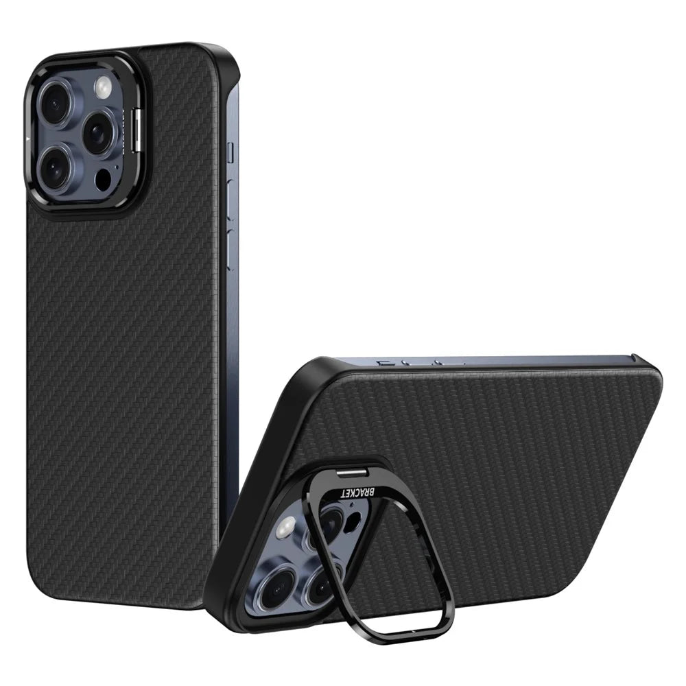 For iPhone 15 Pro Max Magnetic Case Lens Frame Kickstand Genuine Cow Leather + PC Borderless Phone Cover - Black - 1