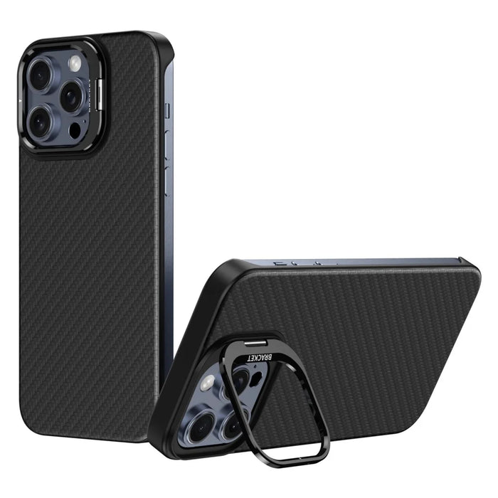 For iPhone 15 Pro Max Magnetic Case Lens Frame Kickstand Genuine Cow Leather + PC Borderless Phone Cover - Black - 1