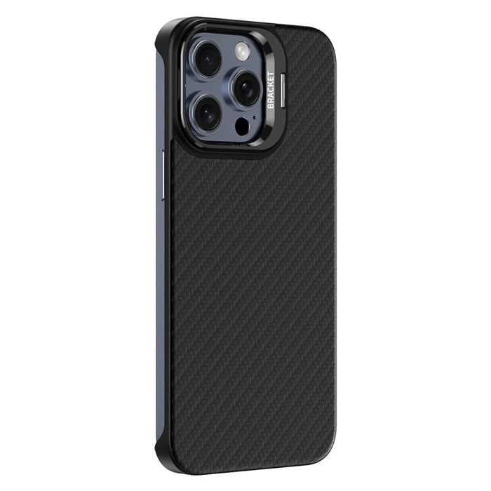 For iPhone 15 Pro Max Magnetic Case Lens Frame Kickstand Genuine Cow Leather + PC Borderless Phone Cover - Black - 2