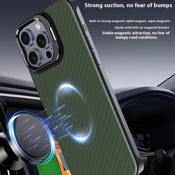 For iPhone 15 Pro Max Magnetic Case Lens Frame Kickstand Genuine Cow Leather + PC Borderless Phone Cover - Black - 5