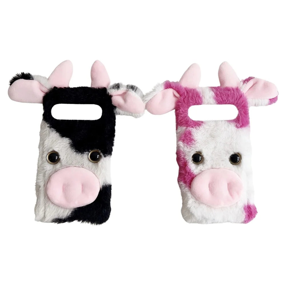 For Google Pixel 10 / 10 Pro Case Fluffy Cute Cow Winter Plush Inner TPU Phone Cover - Blue - 7