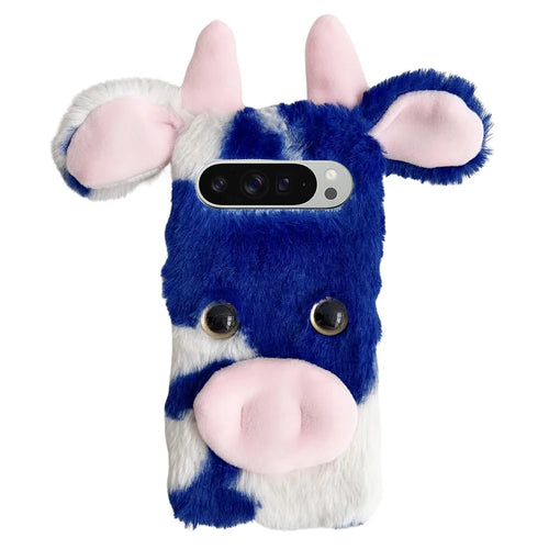 For Google Pixel 10 Pro XL Case Fluffy Cute Cow Winter Plush Inner TPU Phone Cover - Blue - 1