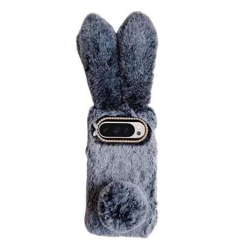 For Google Pixel 10 / Pixel 10 Pro Case Plush Cute Bunny Winter Fluffy TPU Phone Cover - Dark Grey - 1
