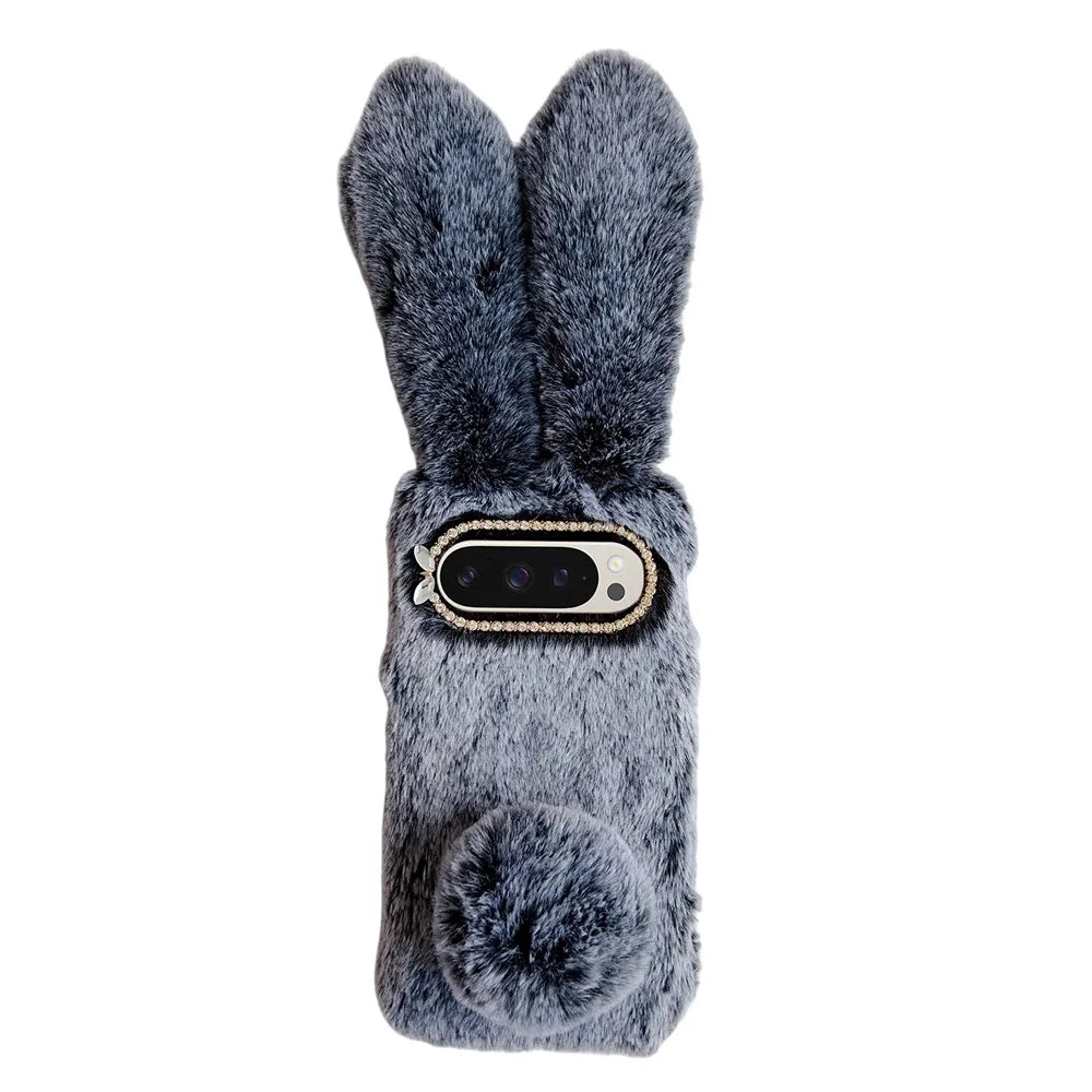 For Google Pixel 10 / Pixel 10 Pro Case Plush Cute Bunny Winter Fluffy TPU Phone Cover - Dark Grey - 1