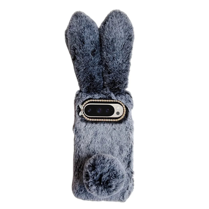 For Google Pixel 10 / Pixel 10 Pro Case Plush Cute Bunny Winter Fluffy TPU Phone Cover - Dark Grey - 1