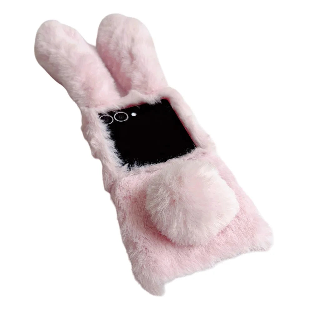 For Samsung Galaxy Z Flip7 5G Case Bunny Ears Winter Plush Hard PC Phone Cover - Pink - 3