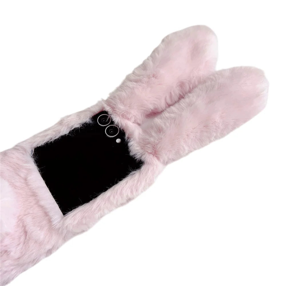 For Samsung Galaxy Z Flip7 5G Case Bunny Ears Winter Plush Hard PC Phone Cover - Pink - 6