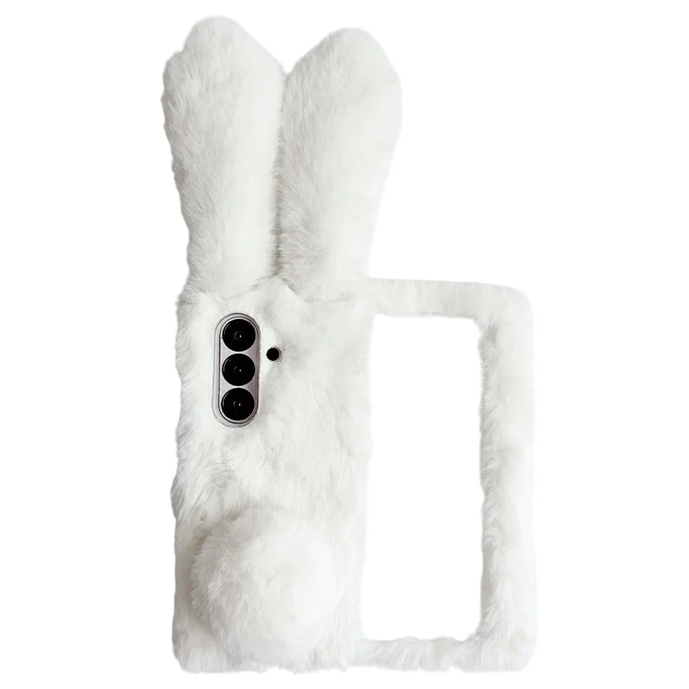 For Samsung Galaxy Z Fold7 5G Case Bunny Ears Winter Plush Hard PC Phone Cover - White - 1