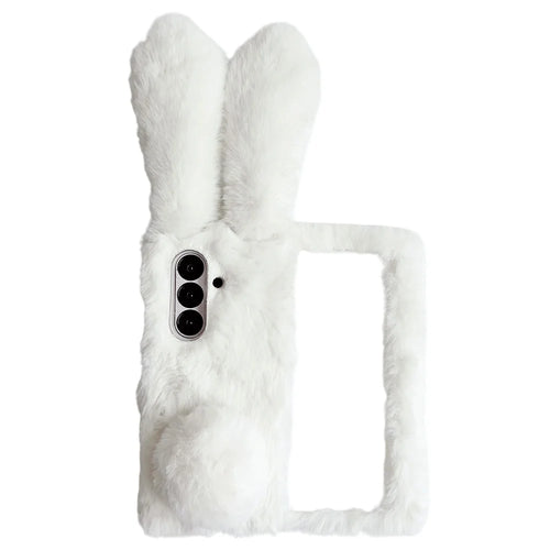 For Samsung Galaxy Z Fold7 5G Case Bunny Ears Winter Plush Hard PC Phone Cover - White - 1