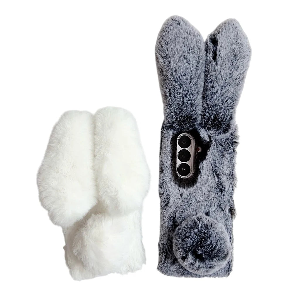 For Samsung Galaxy Z Fold7 5G Case Bunny Ears Winter Plush Hard PC Phone Cover - White - 7