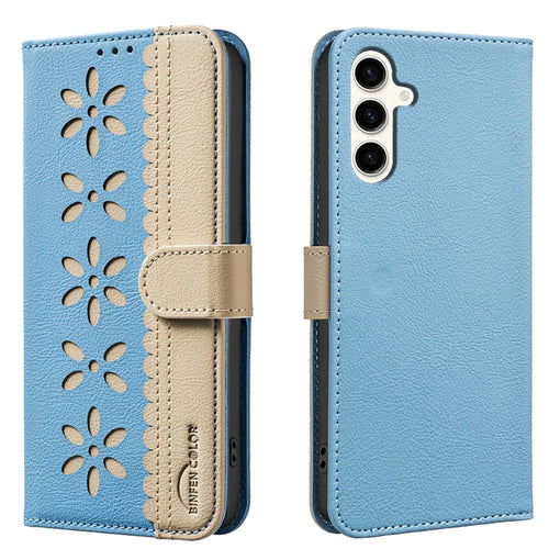 BINFEN COLOR For Samsung Galaxy A36 5G / Galaxy A56 5G Leather Case  BF36 Floral Pattern Phone Cover RFID Blocking Wallet Stand - Baby Blue - 1