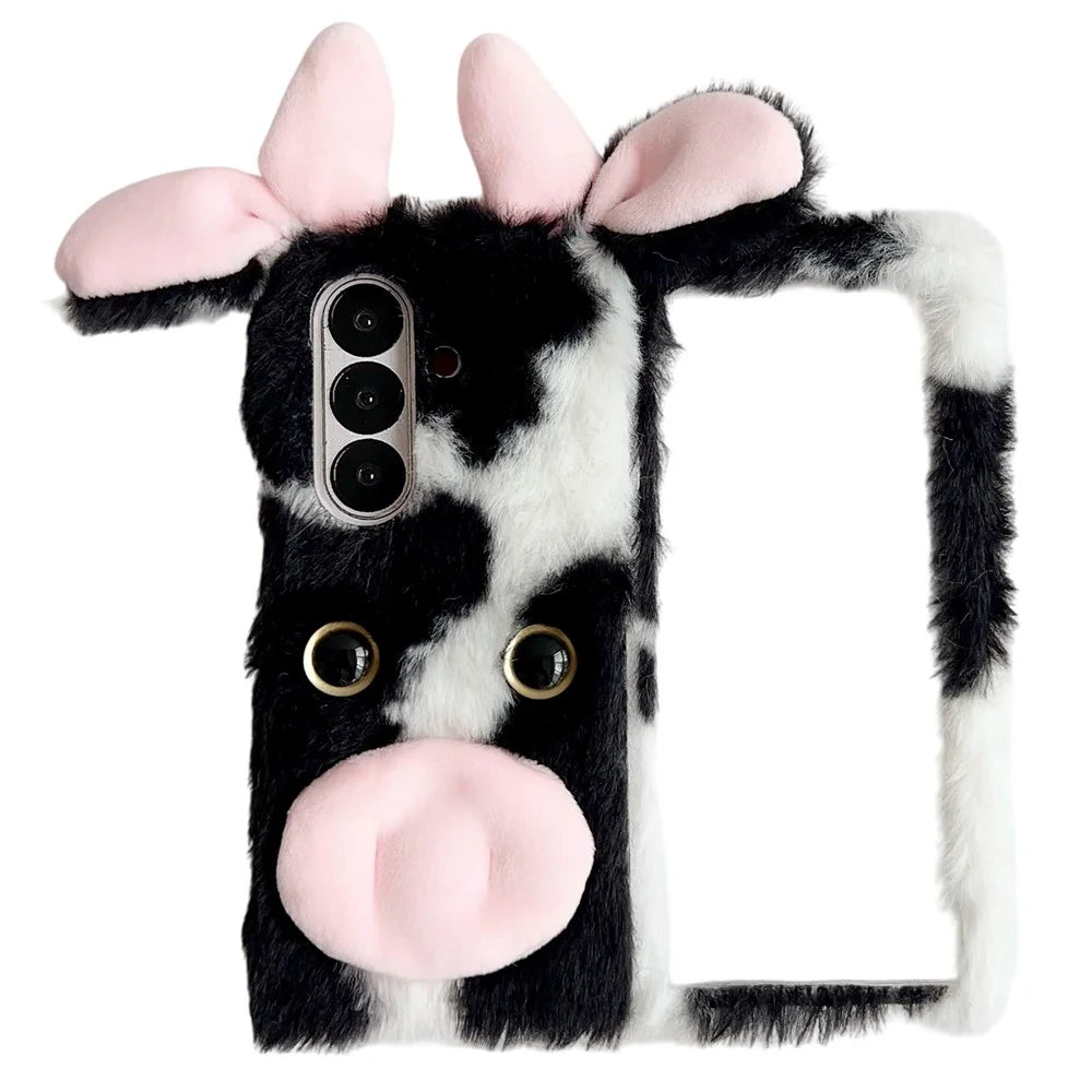 For Samsung Galaxy Z Fold7 5G Case Plush Cow Hard PC Protective Phone Cover - Black - 1