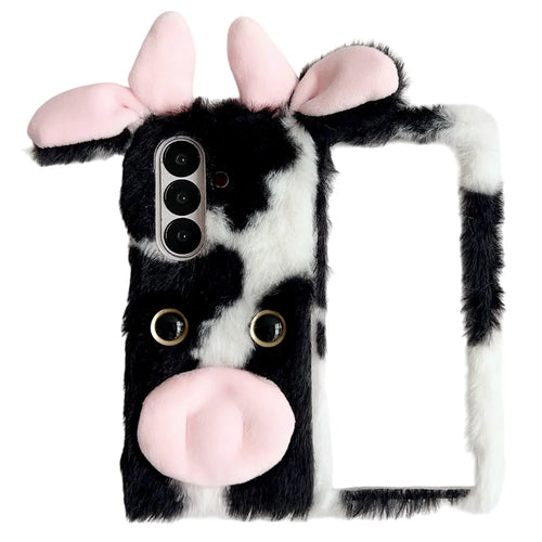 For Samsung Galaxy Z Fold7 5G Case Plush Cow Hard PC Protective Phone Cover - Black - 1