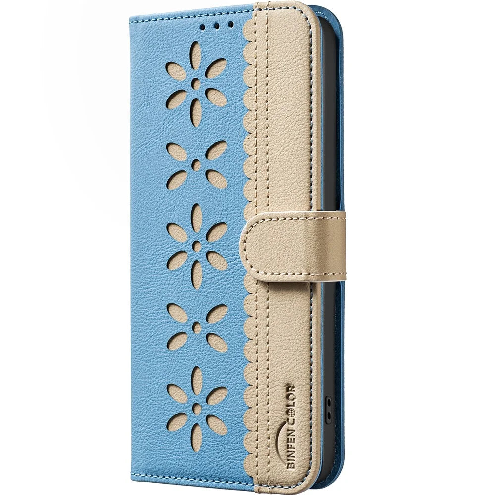 BINFEN COLOR For Samsung Galaxy A55 5G Leather Case  BF36 Floral Pattern Phone Cover RFID Blocking Wallet Stand - Baby Blue - 2