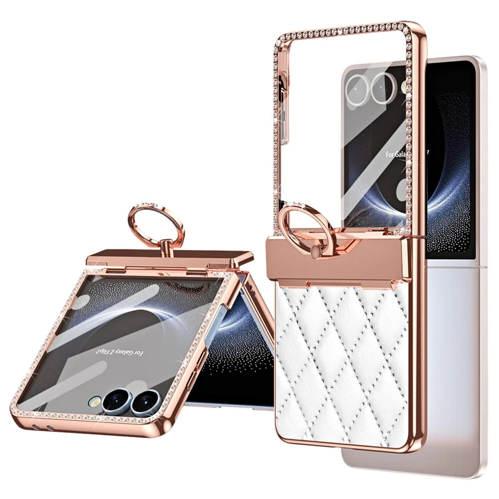 For Samsung Galaxy Z Flip7 5G Case Ring Holder Rhinestone Decor Leather + PC Cover with Rear Screen Film - White - 1