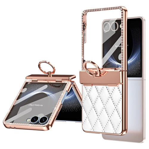 For Samsung Galaxy Z Flip7 5G Case Ring Holder Rhinestone Decor Leather + PC Cover with Rear Screen Film - White - 1