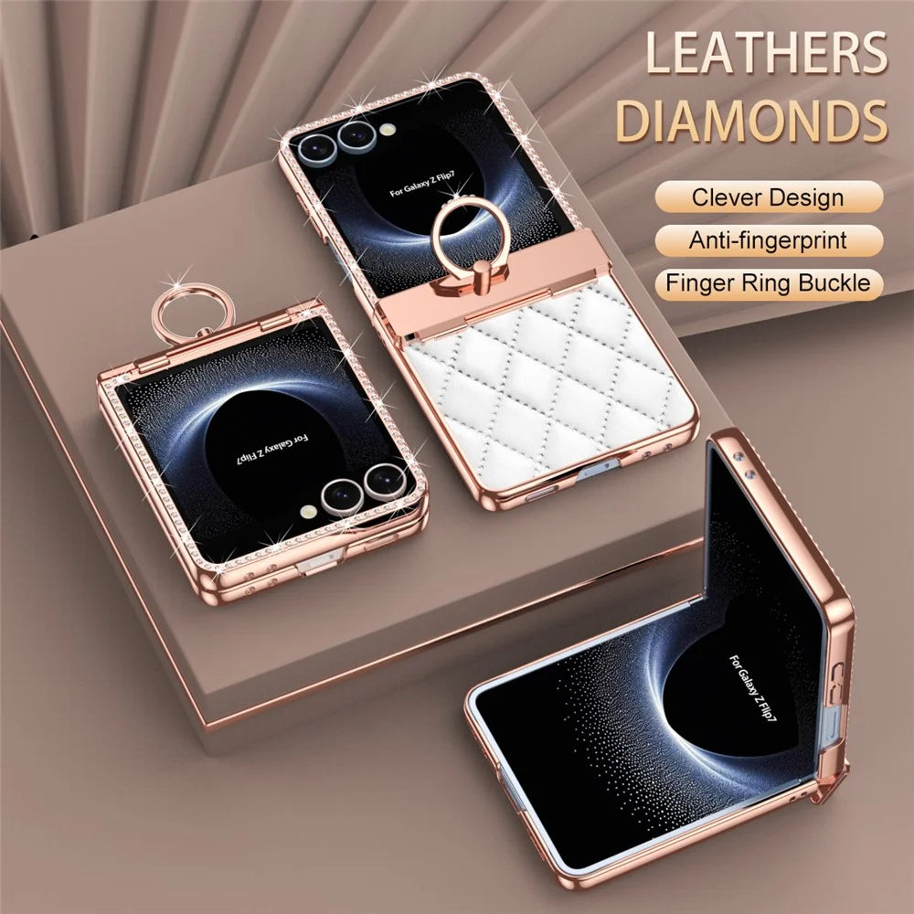 For Samsung Galaxy Z Flip7 5G Case Ring Holder Rhinestone Decor Leather + PC Cover with Rear Screen Film - White - 4