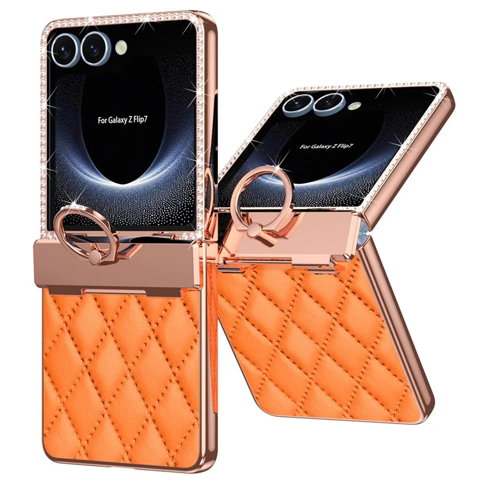 For Samsung Galaxy Z Flip7 5G Case Rhinestone Decoration Ring Holder Rhombus Leather + PC Phone Cover - Orange - 1