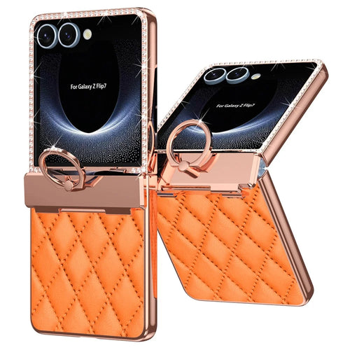 For Samsung Galaxy Z Flip7 5G Case Rhinestone Decoration Ring Holder Rhombus Leather + PC Phone Cover - Orange - 1