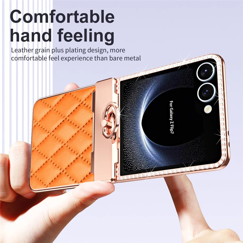 For Samsung Galaxy Z Flip7 5G Case Rhinestone Decoration Ring Holder Rhombus Leather + PC Phone Cover - Orange - 2