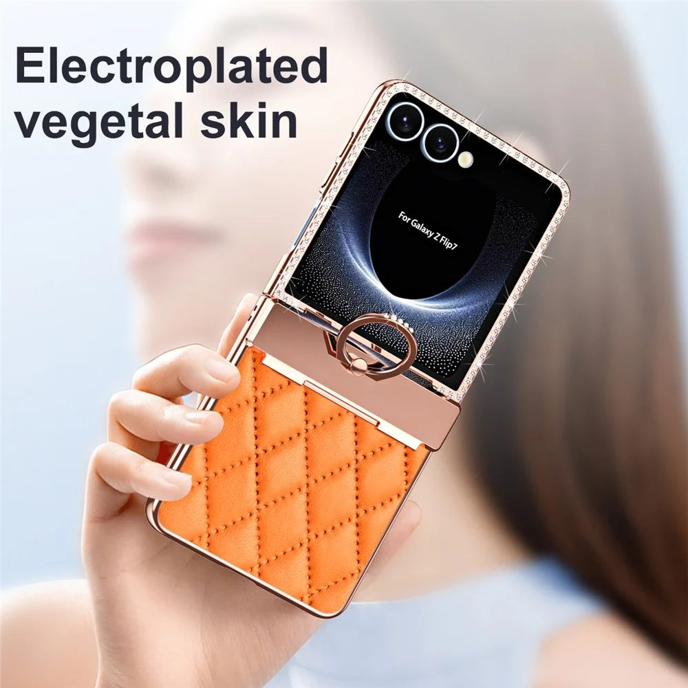 For Samsung Galaxy Z Flip7 5G Case Rhinestone Decoration Ring Holder Rhombus Leather + PC Phone Cover - Orange - 3
