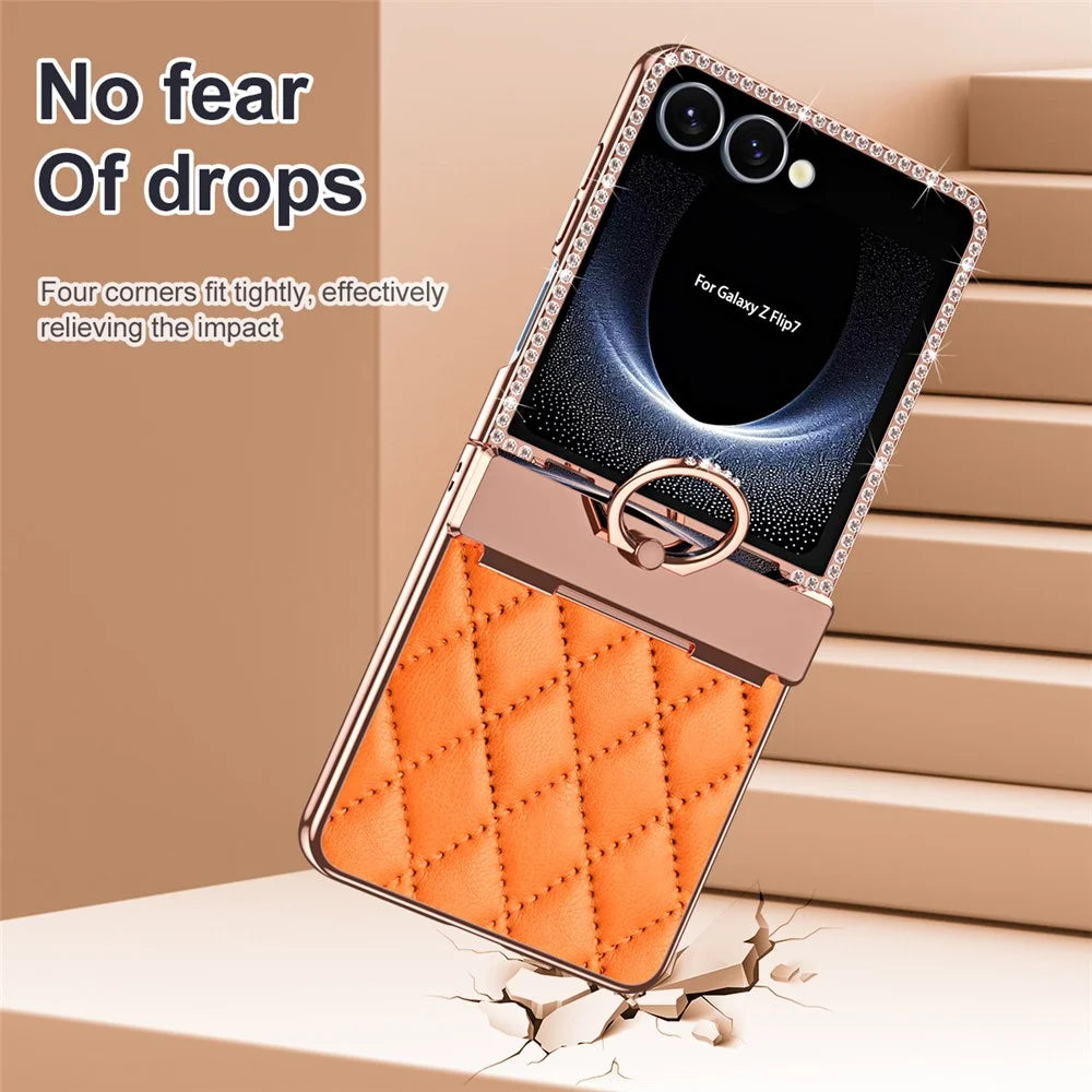 For Samsung Galaxy Z Flip7 5G Case Rhinestone Decoration Ring Holder Rhombus Leather + PC Phone Cover - Orange - 4