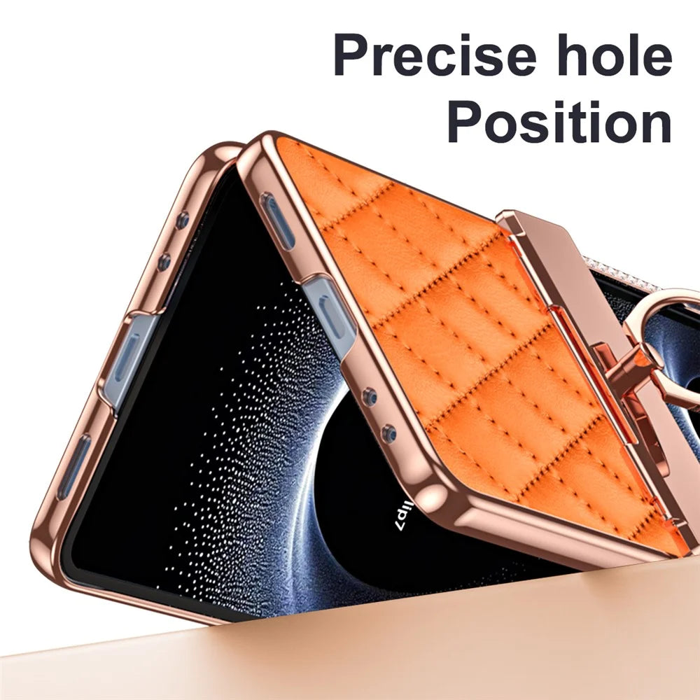 For Samsung Galaxy Z Flip7 5G Case Rhinestone Decoration Ring Holder Rhombus Leather + PC Phone Cover - Orange - 5