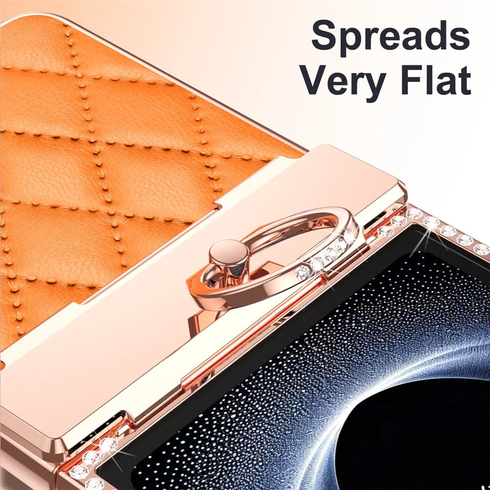 For Samsung Galaxy Z Flip7 5G Case Rhinestone Decoration Ring Holder Rhombus Leather + PC Phone Cover - Orange - 6