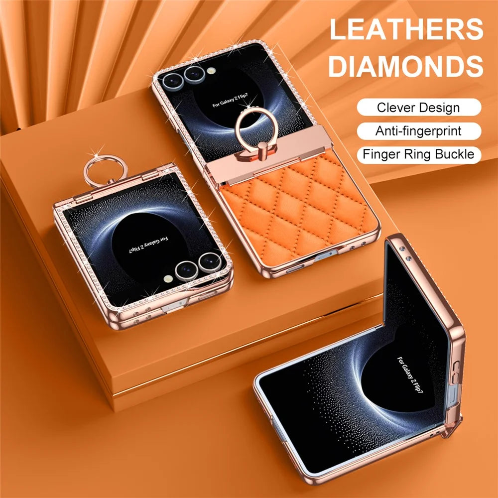 For Samsung Galaxy Z Flip7 5G Case Rhinestone Decoration Ring Holder Rhombus Leather + PC Phone Cover - Orange - 7