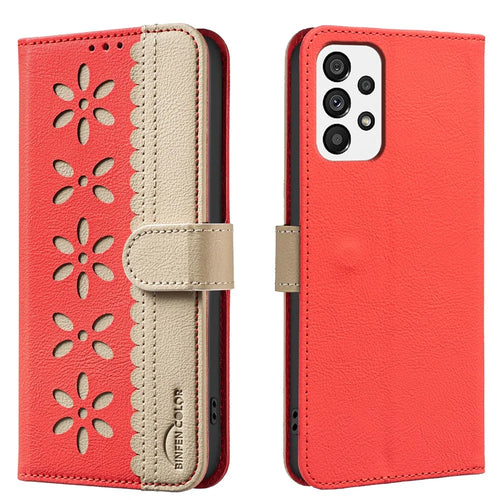 BINFEN COLOR For Samsung Galaxy A53 5G Leather Case  BF36 Floral Pattern Phone Cover RFID Blocking Wallet Stand - Red - 1
