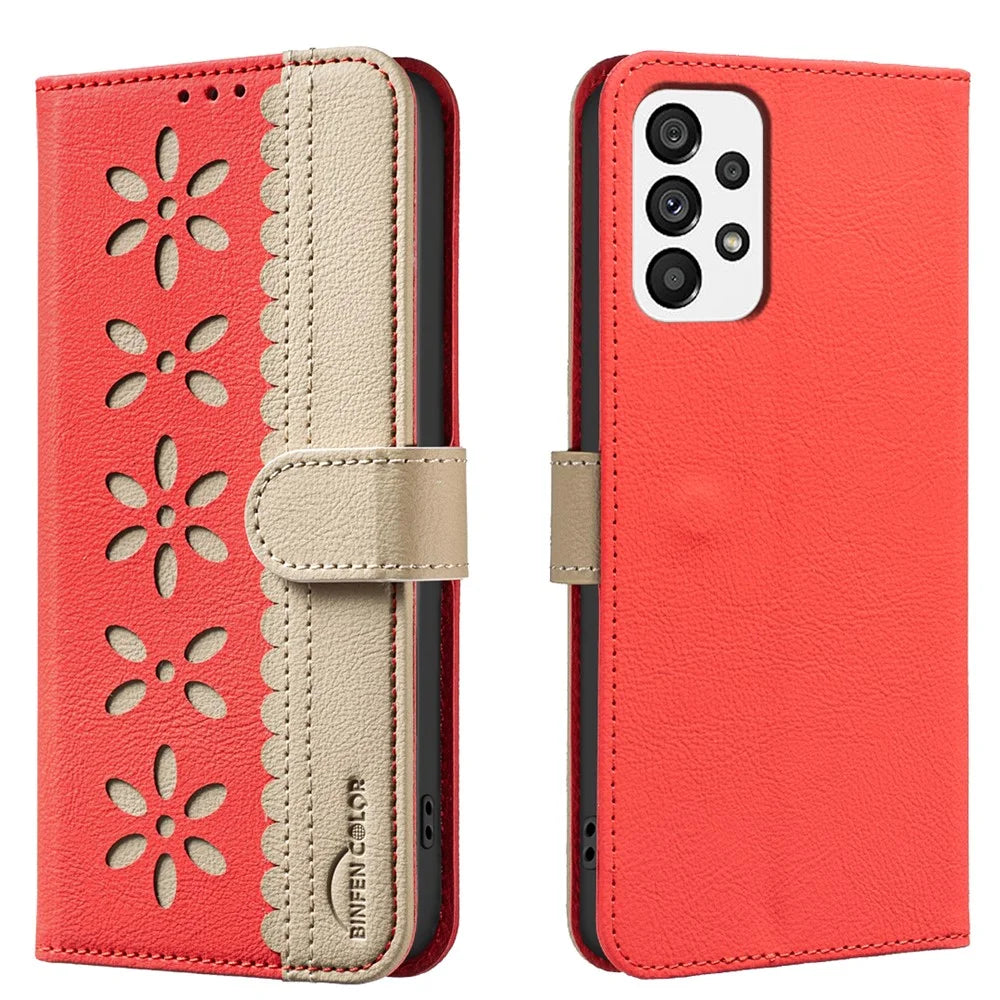 BINFEN COLOR For Samsung Galaxy A53 5G Leather Case  BF36 Floral Pattern Phone Cover RFID Blocking Wallet Stand - Red - 1