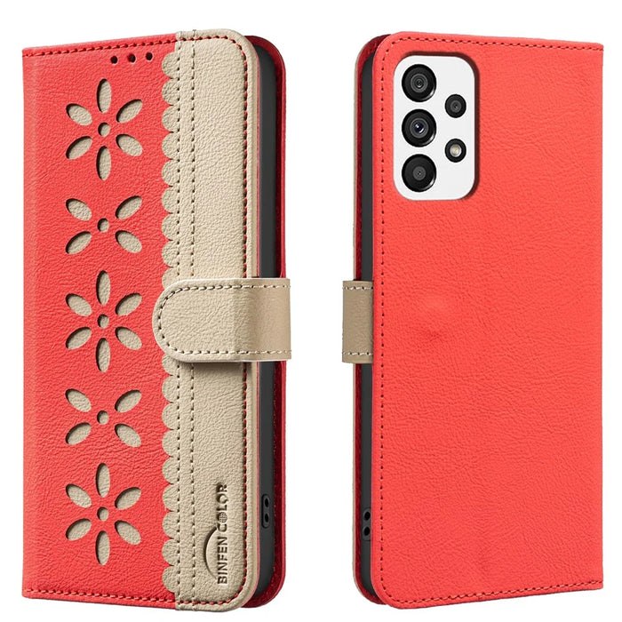BINFEN COLOR For Samsung Galaxy A53 5G Leather Case  BF36 Floral Pattern Phone Cover RFID Blocking Wallet Stand - Red - 1