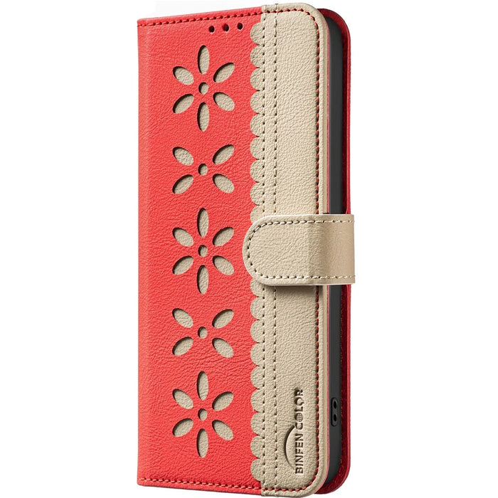 BINFEN COLOR For Samsung Galaxy A53 5G Leather Case  BF36 Floral Pattern Phone Cover RFID Blocking Wallet Stand - Red - 2