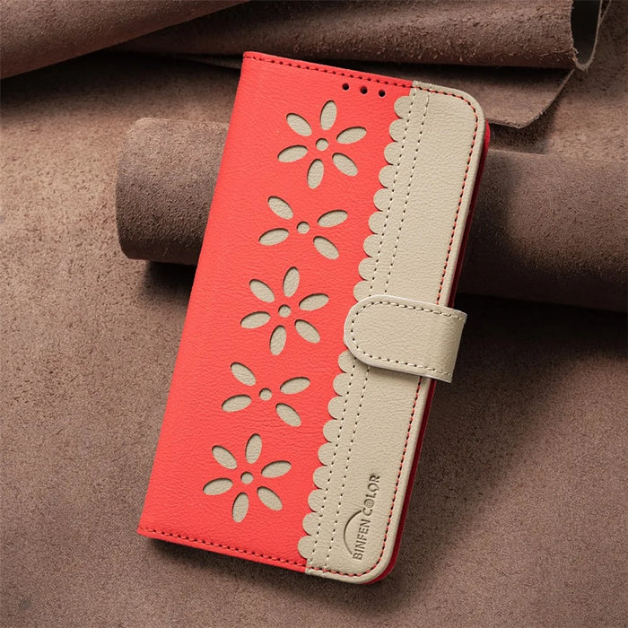 BINFEN COLOR For Samsung Galaxy A53 5G Leather Case  BF36 Floral Pattern Phone Cover RFID Blocking Wallet Stand - Red - 4