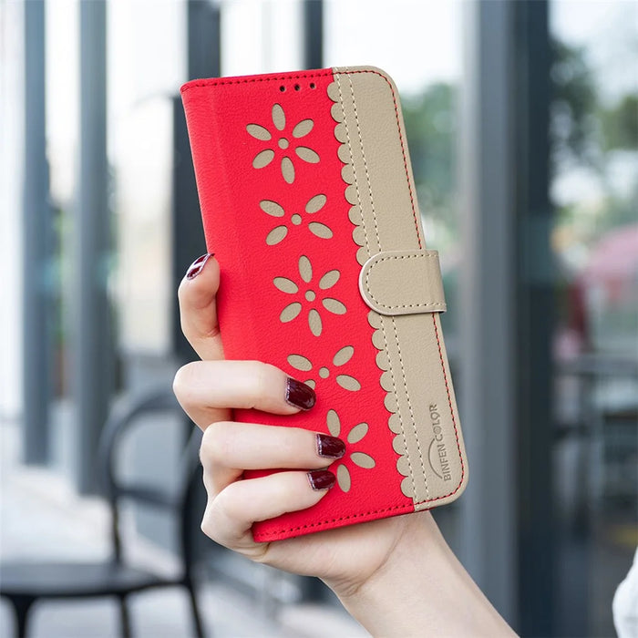 BINFEN COLOR For Samsung Galaxy A53 5G Leather Case  BF36 Floral Pattern Phone Cover RFID Blocking Wallet Stand - Red - 7