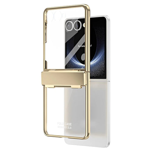For Samsung Galaxy Z Flip7 5G Case Electroplating PC Folding Phone Cover with Screen Protector - Gold - 1
