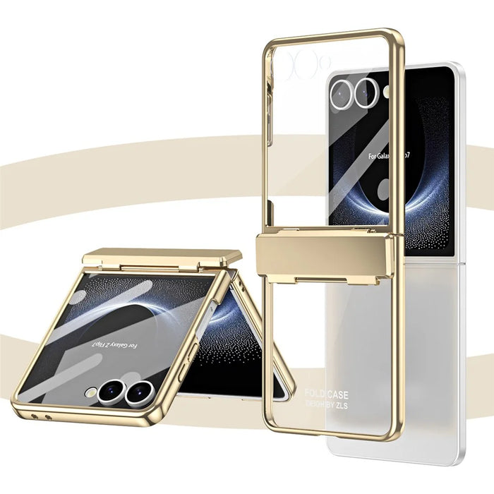 For Samsung Galaxy Z Flip7 5G Case Electroplating PC Folding Phone Cover with Screen Protector - Gold - 4