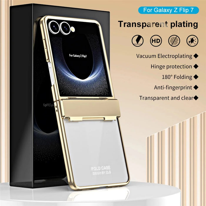 For Samsung Galaxy Z Flip7 5G Case Electroplating PC Folding Phone Cover with Screen Protector - Gold - 6