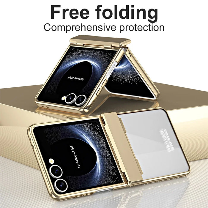 For Samsung Galaxy Z Flip7 5G Case Electroplating PC Folding Phone Cover with Screen Protector - Gold - 7