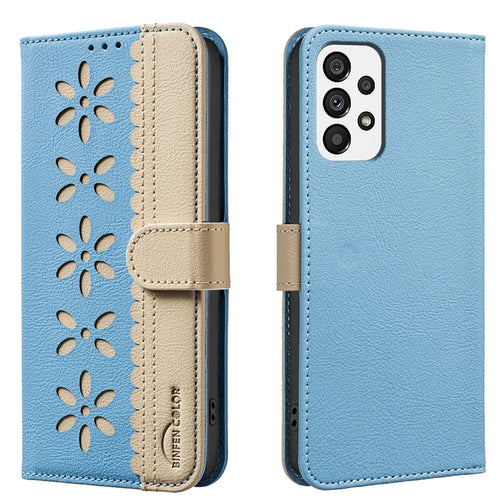 BINFEN COLOR For Samsung Galaxy A33 5G Leather Case  BF36 Floral Pattern Phone Cover RFID Blocking Wallet Stand - Baby Blue - 1