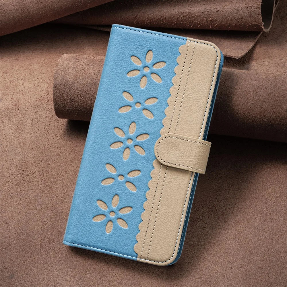 BINFEN COLOR For Samsung Galaxy A33 5G Leather Case  BF36 Floral Pattern Phone Cover RFID Blocking Wallet Stand - Baby Blue - 4