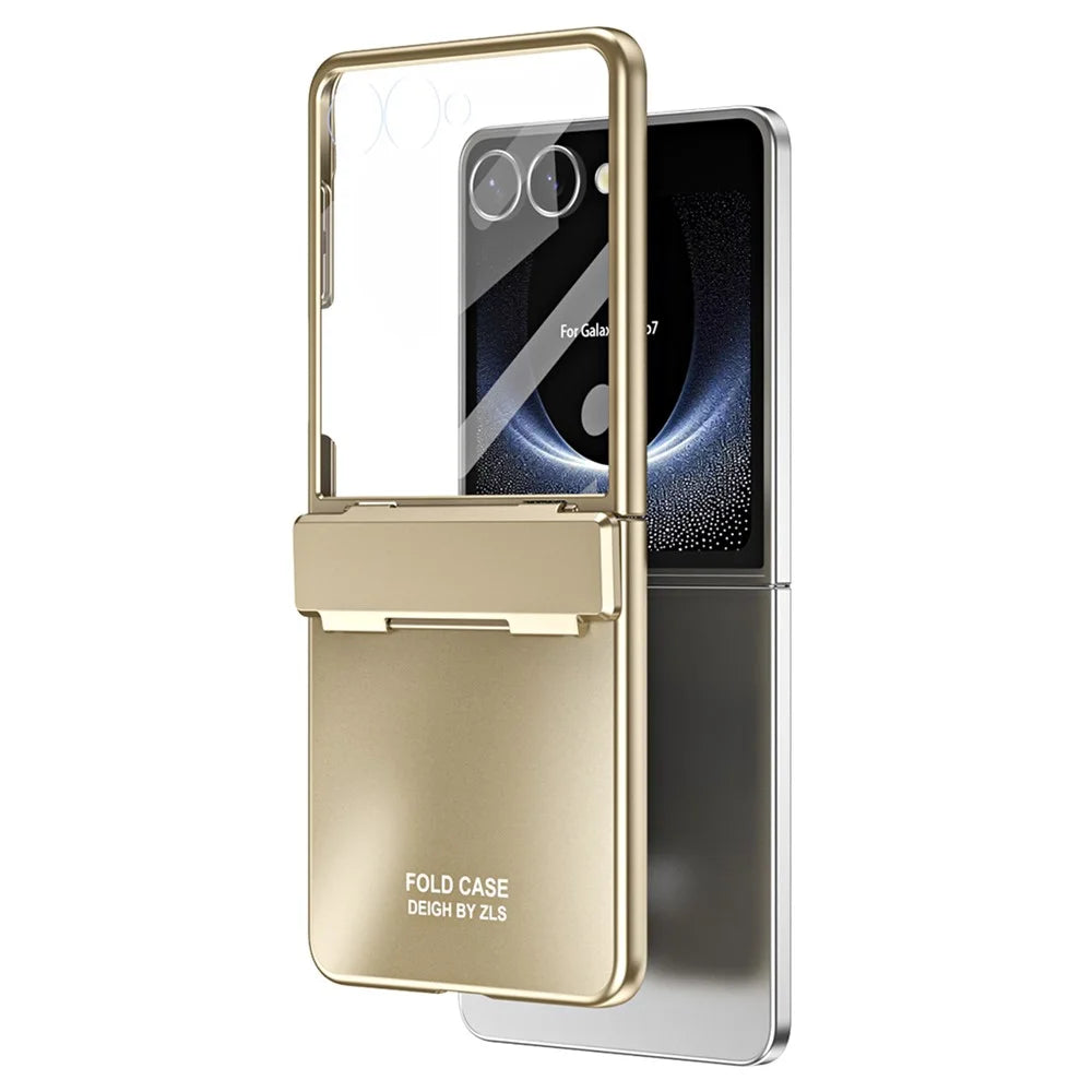 For Samsung Galaxy Z Flip7 5G Case Electroplating Hard PC Protective Phone Cover with Screen Protector - Gold - 1