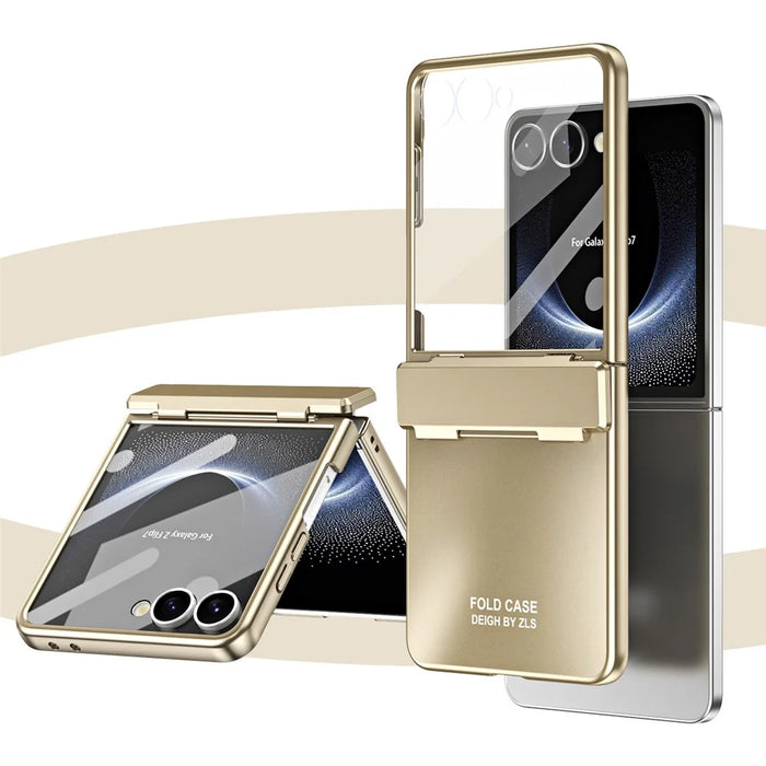 For Samsung Galaxy Z Flip7 5G Case Electroplating Hard PC Protective Phone Cover with Screen Protector - Gold - 5