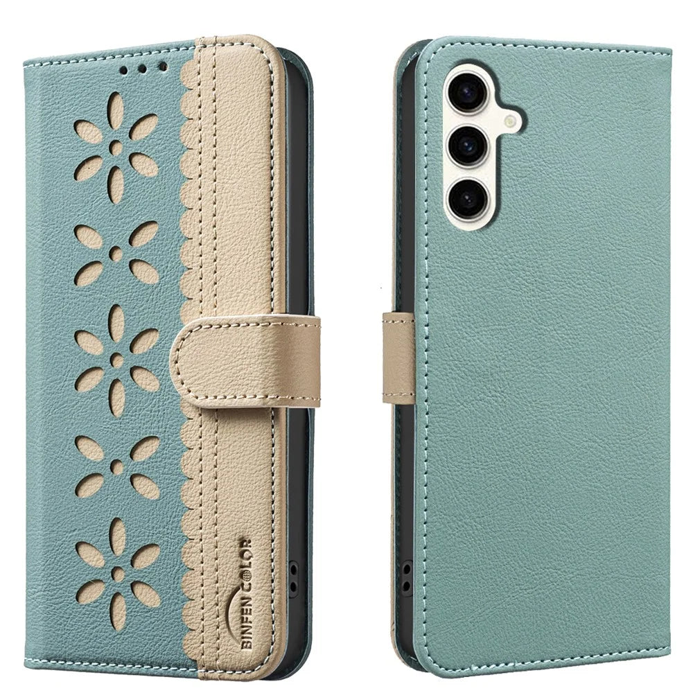 BINFEN COLOR For Samsung Galaxy A25 5G (Global) (161.0 x 76.5 x 8.3mm) Leather Case  BF36 Floral Pattern Phone Cover RFID Blocking Wallet Stand - Green - 1