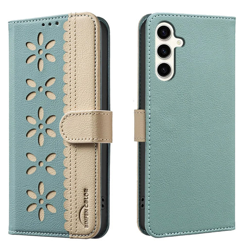 BINFEN COLOR For Samsung Galaxy A25 5G (Global) (161.0 x 76.5 x 8.3mm) Leather Case  BF36 Floral Pattern Phone Cover RFID Blocking Wallet Stand - Green - 1