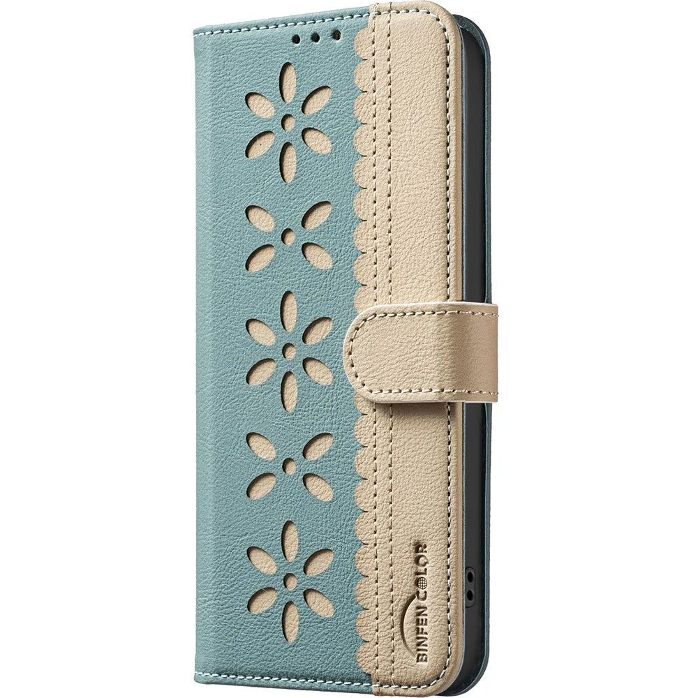 BINFEN COLOR For Samsung Galaxy A25 5G (Global) (161.0 x 76.5 x 8.3mm) Leather Case  BF36 Floral Pattern Phone Cover RFID Blocking Wallet Stand - Green - 2