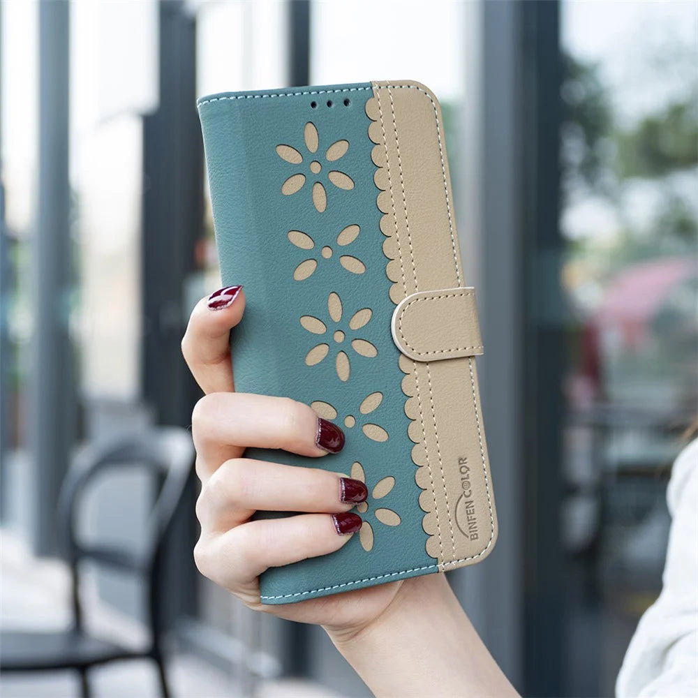 BINFEN COLOR For Samsung Galaxy A25 5G (Global) (161.0 x 76.5 x 8.3mm) Leather Case  BF36 Floral Pattern Phone Cover RFID Blocking Wallet Stand - Green - 7