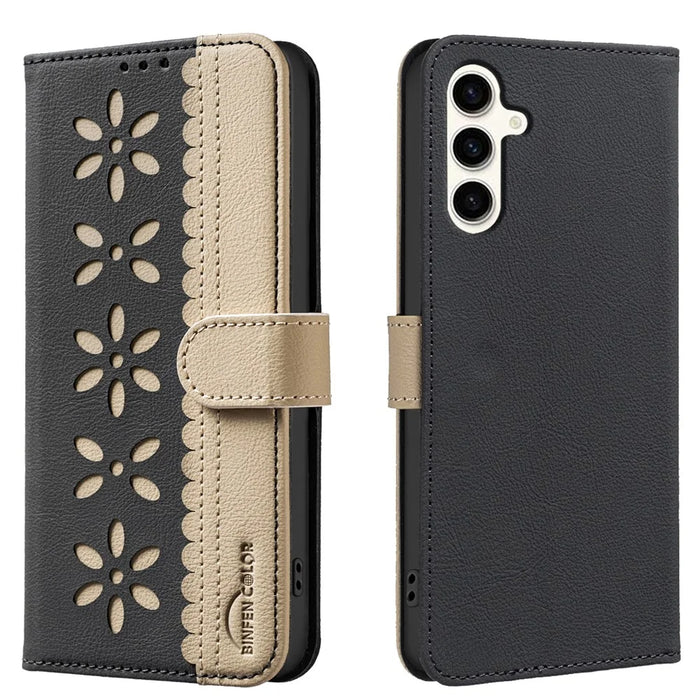 BINFEN COLOR For Samsung Galaxy A05s 4G Leather Case  BF36 Floral Pattern Phone Cover RFID Blocking Wallet Stand - Black - 1